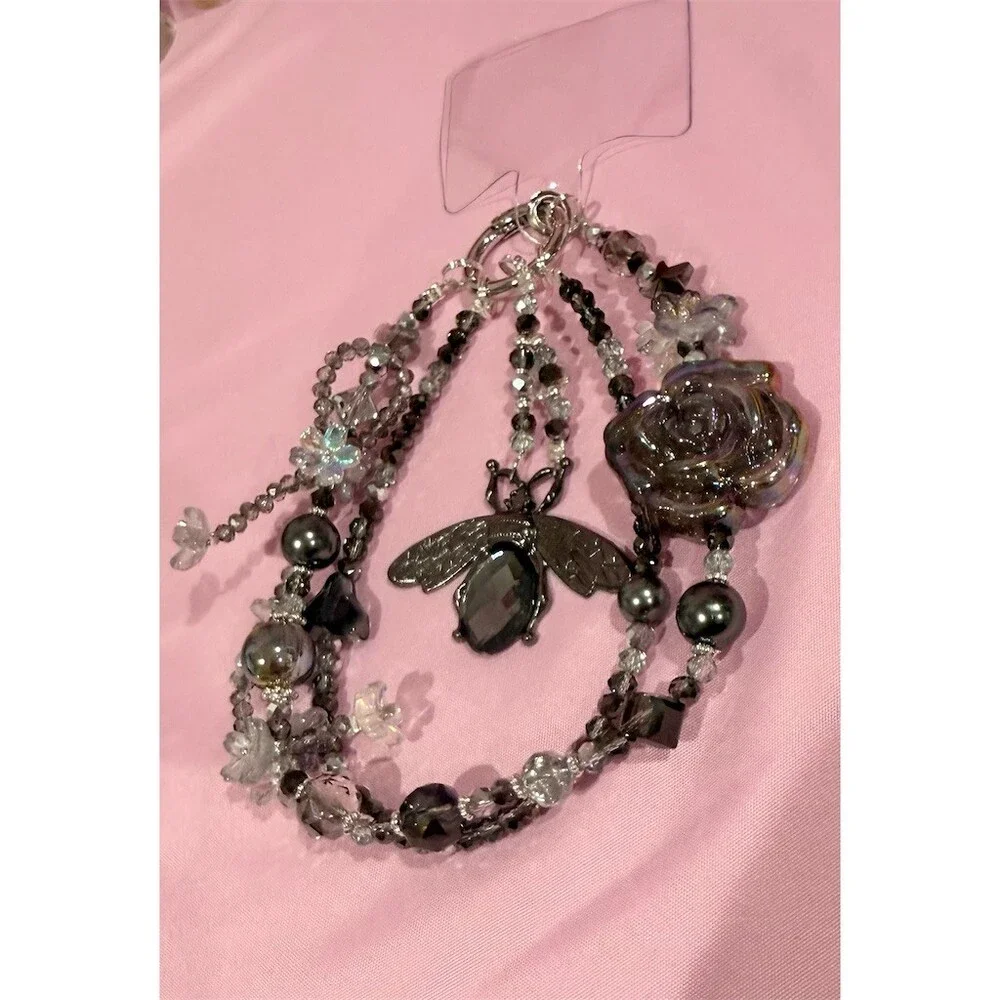 Handmade cute Beaded Phone Charm Strap Keychain Iridescent beads Bee Charm gift